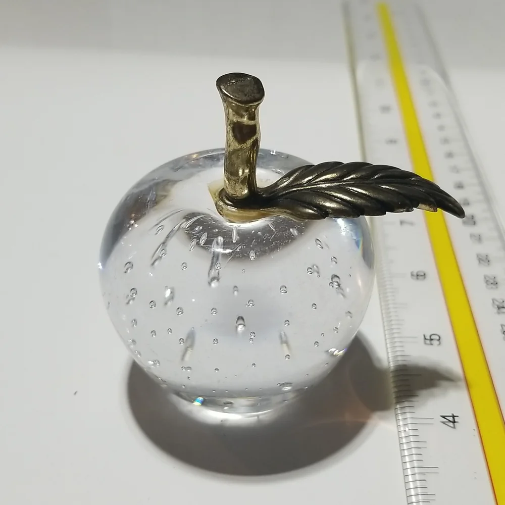 Vintage Art Glass Apple Paperweight Bullicante Controlled Bubbles Gold Stem
